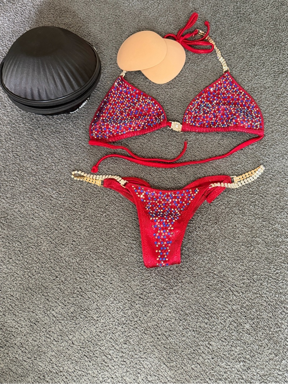 Red white and silver Crystal-Embellished body building Bikini Set